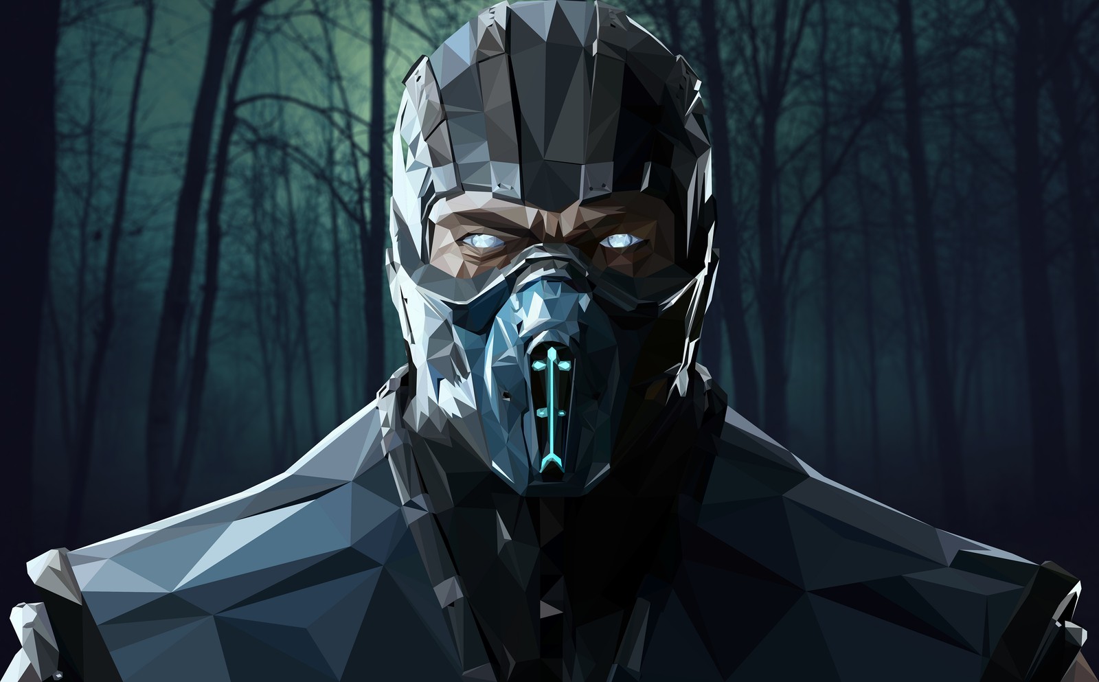 Gros plan d'une personne portant un masque dans une forêt (sub zero, kuai liang, mortal kombat, bas poly, œuvre dart)