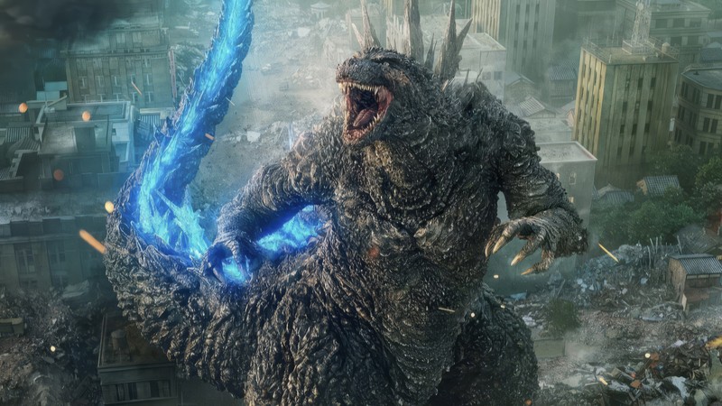 Годзилла поднимается над городом с синим светом (годзилла минус один, godzilla minus one, годзилла, godzilla, фильм)