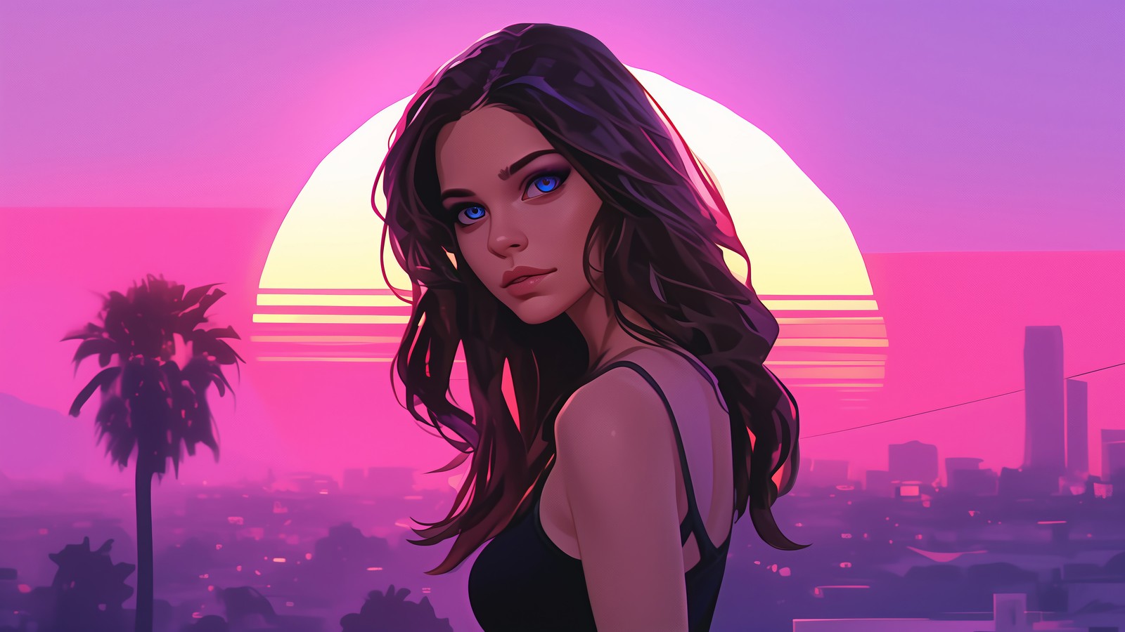 A woman in a black dress standing in front of a sunset (synthwave, retrowave, girls, sunset, digital art)