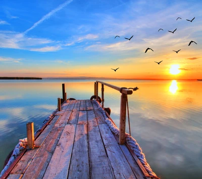 Coucher de soleil tranquille sur des eaux sereines avec un quai et des oiseaux en vol