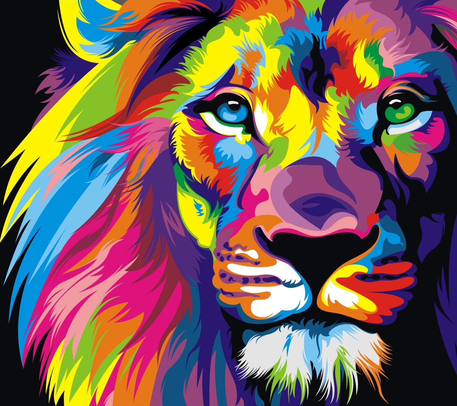 A close up of a colorful lion's face on a black background (abstract, cat, color, colour, lion)