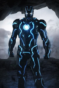 High-Tech Iron Avenger in a Dramatic Cave Setting