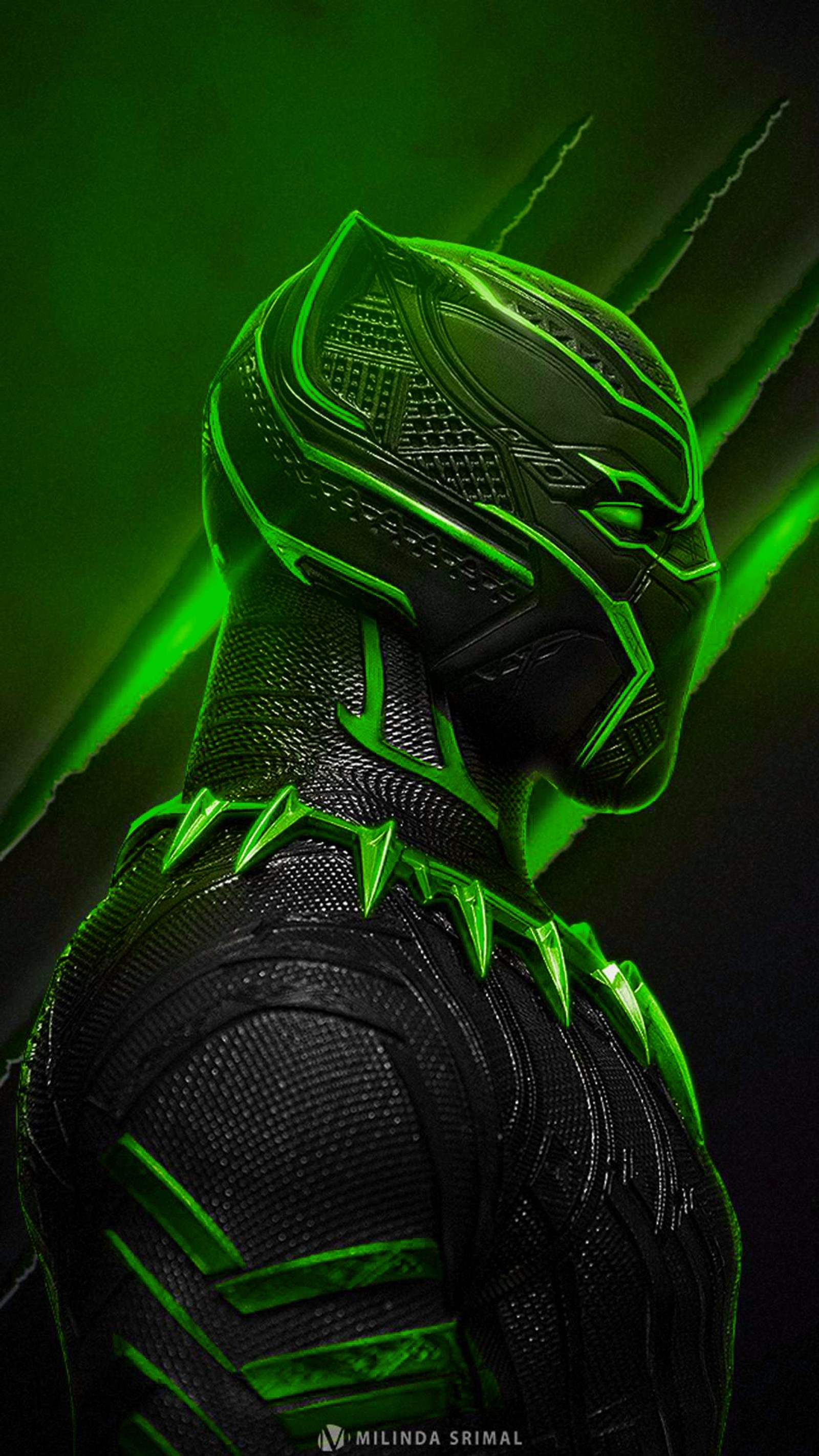 A close up of a person in a black suit with green lights (green, hero, panther, super, superhero)