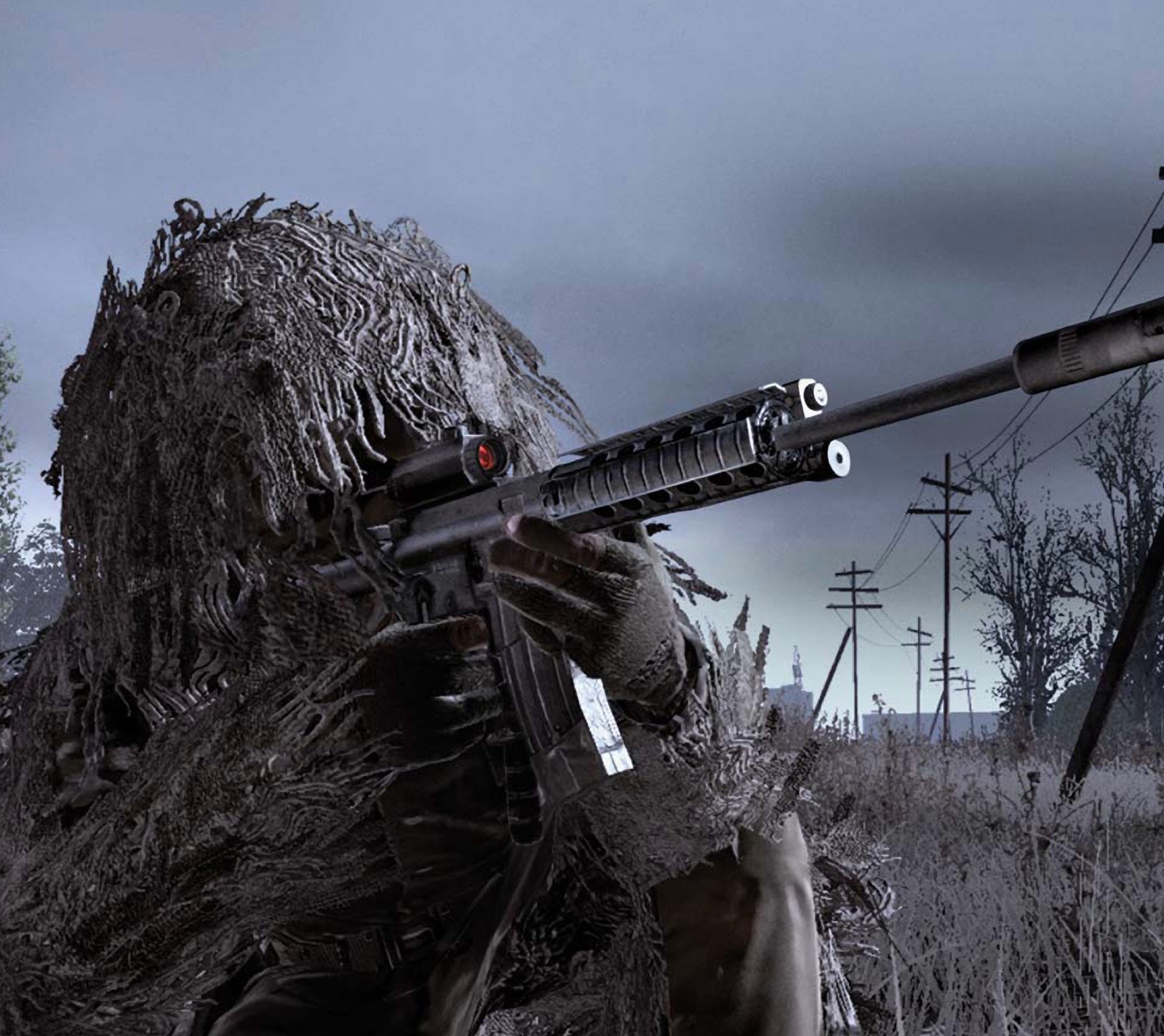 Un hombre árabe con un rifle en un campo con un árbol (call of duty, bacalao, francotirador)