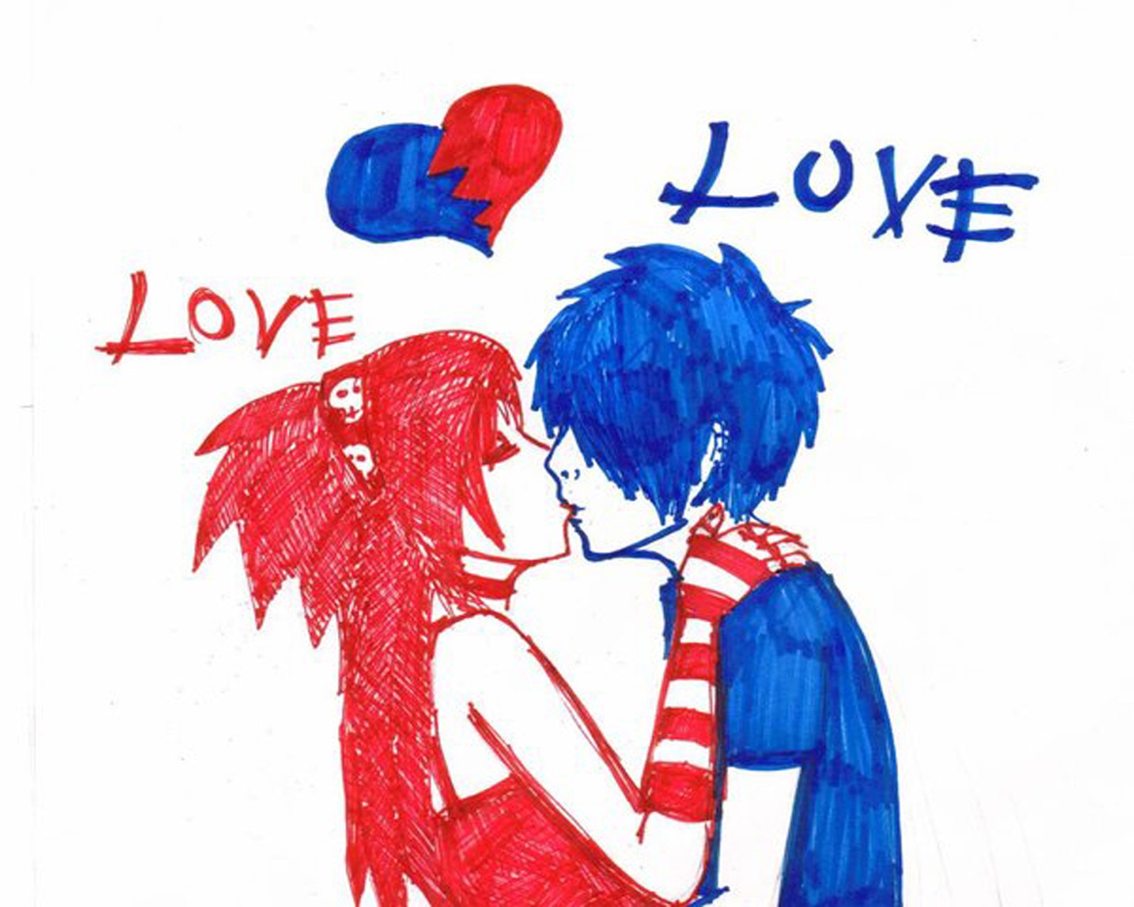 Dibujo de una pareja besándose con un globo en forma de corazón de fondo (amor, amante)