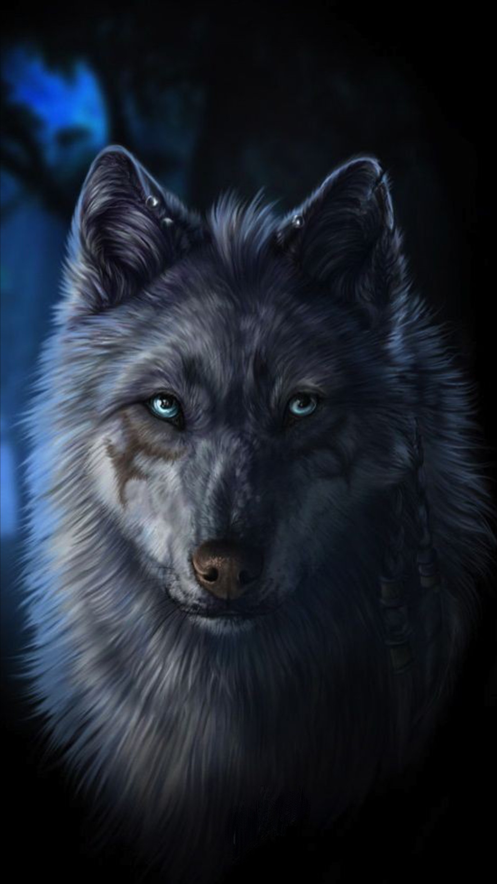 Painting of a wolf with blue eyes in the dark (animals, face, fantas, wolf)