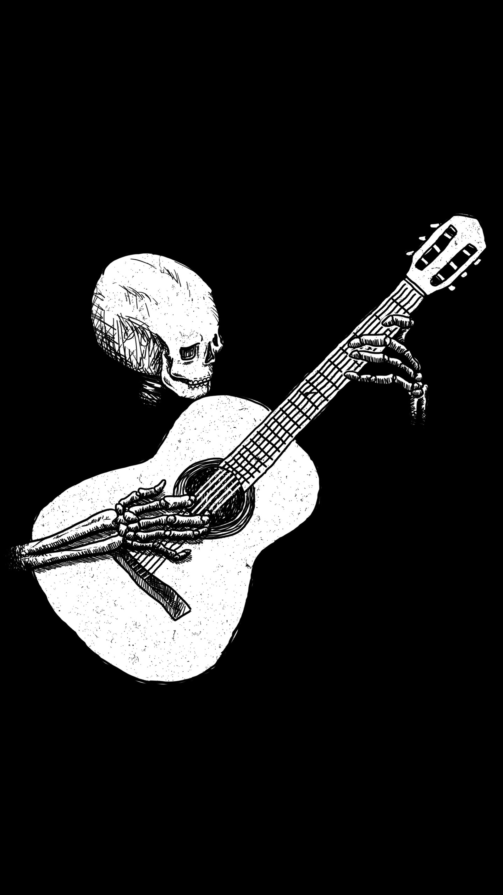 Un primer plano de una guitarra y un cráneo sobre un fondo negro (negro, blanco y negro, guitarra, música, calavera)