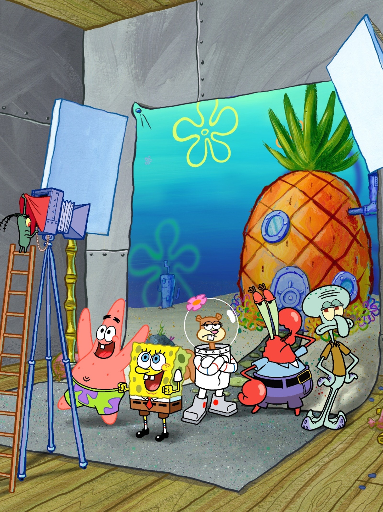 Bob esponja y sus amigos están en un estudio con un fondo (caricatura, colores, lindo, bob esponja, spongebob)