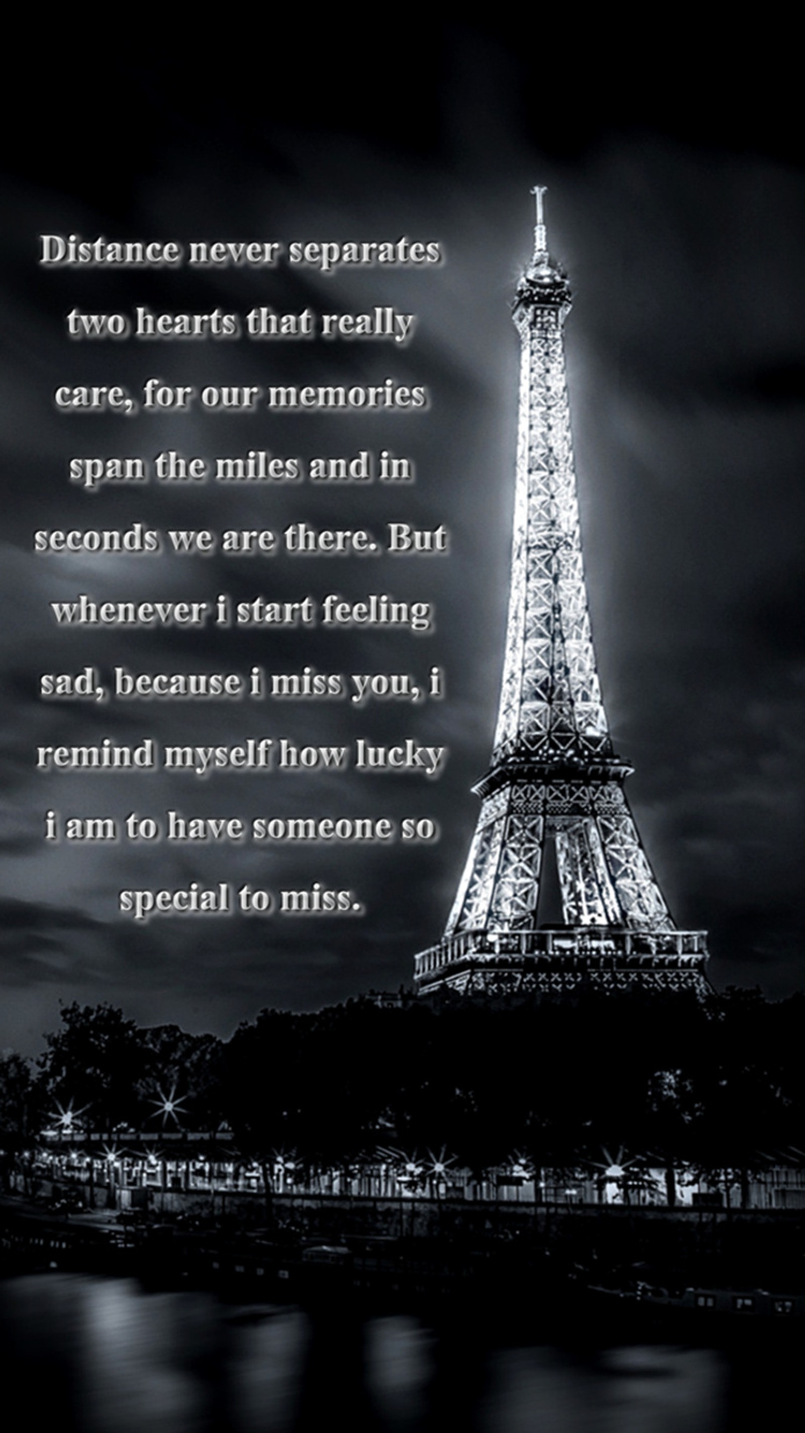 Arafed photograph of a black and white photograph of the eiffel tower (i miss you, sayings)