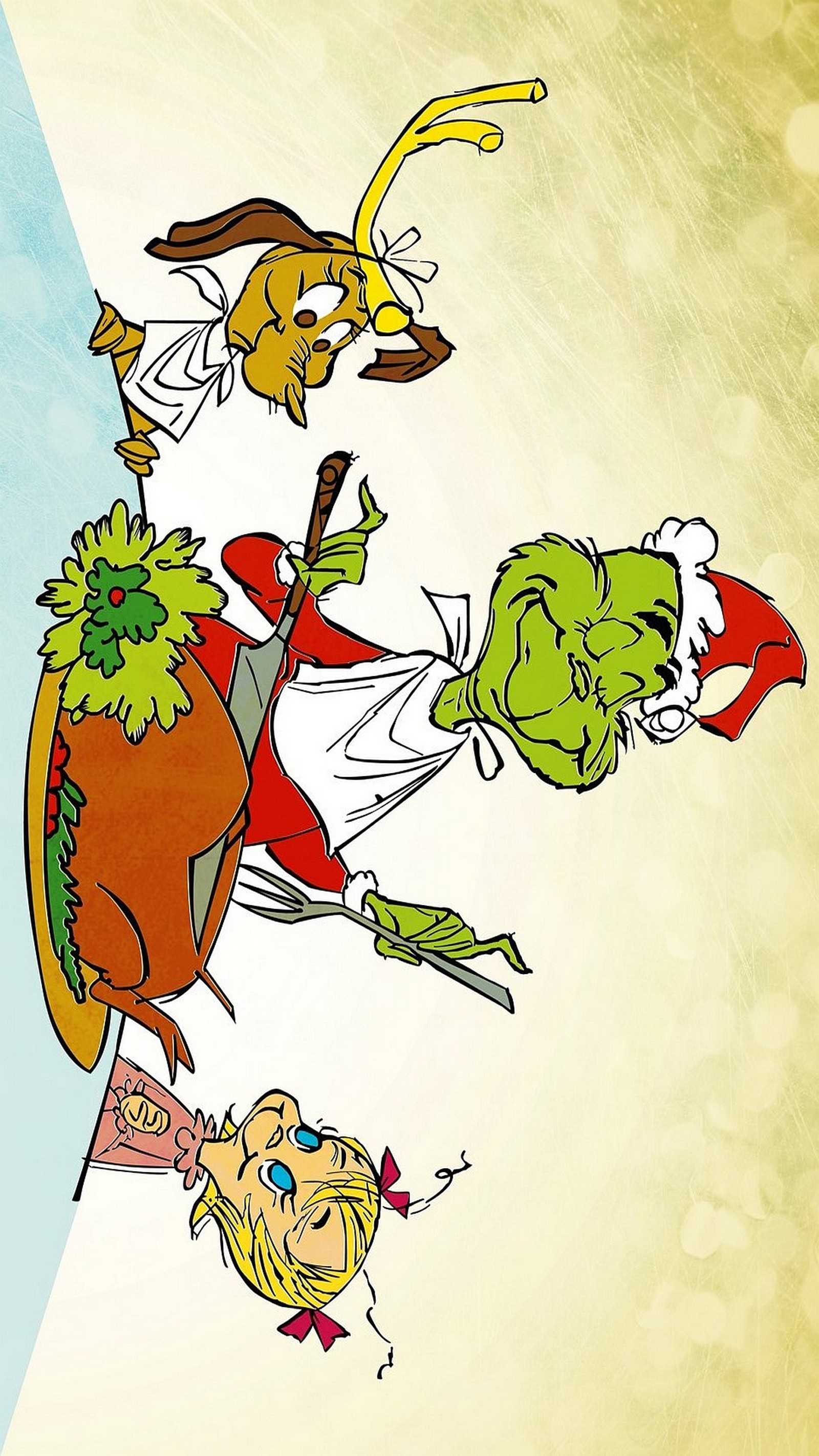 Cartoon characters of the grin and the grin are flying in the air (betty lou, christmas, dog, dr seuss, grinch)