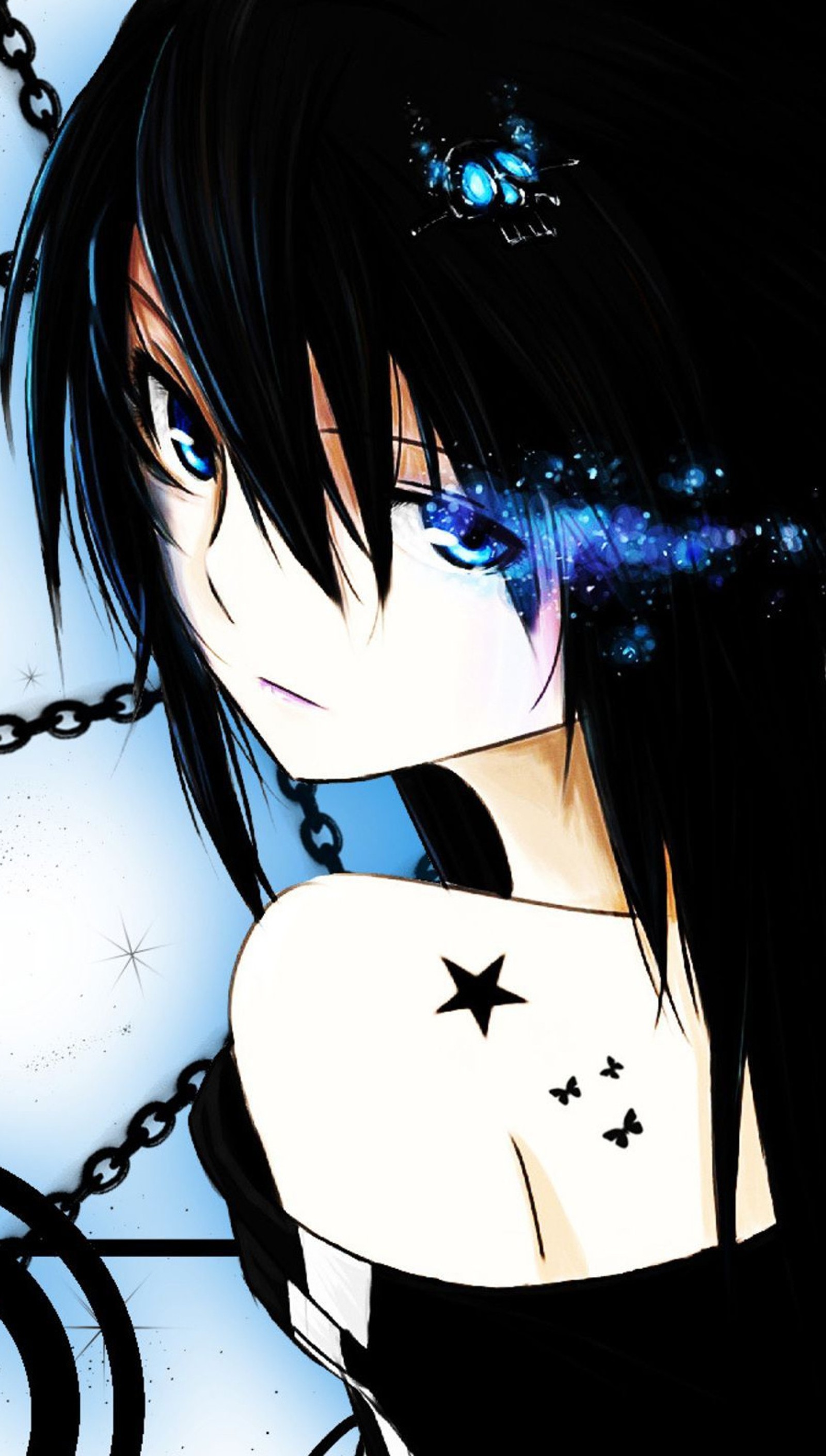 Anime girl with black hair and blue eyes and a chain around her neck (anim, black, blue, girl, rock)