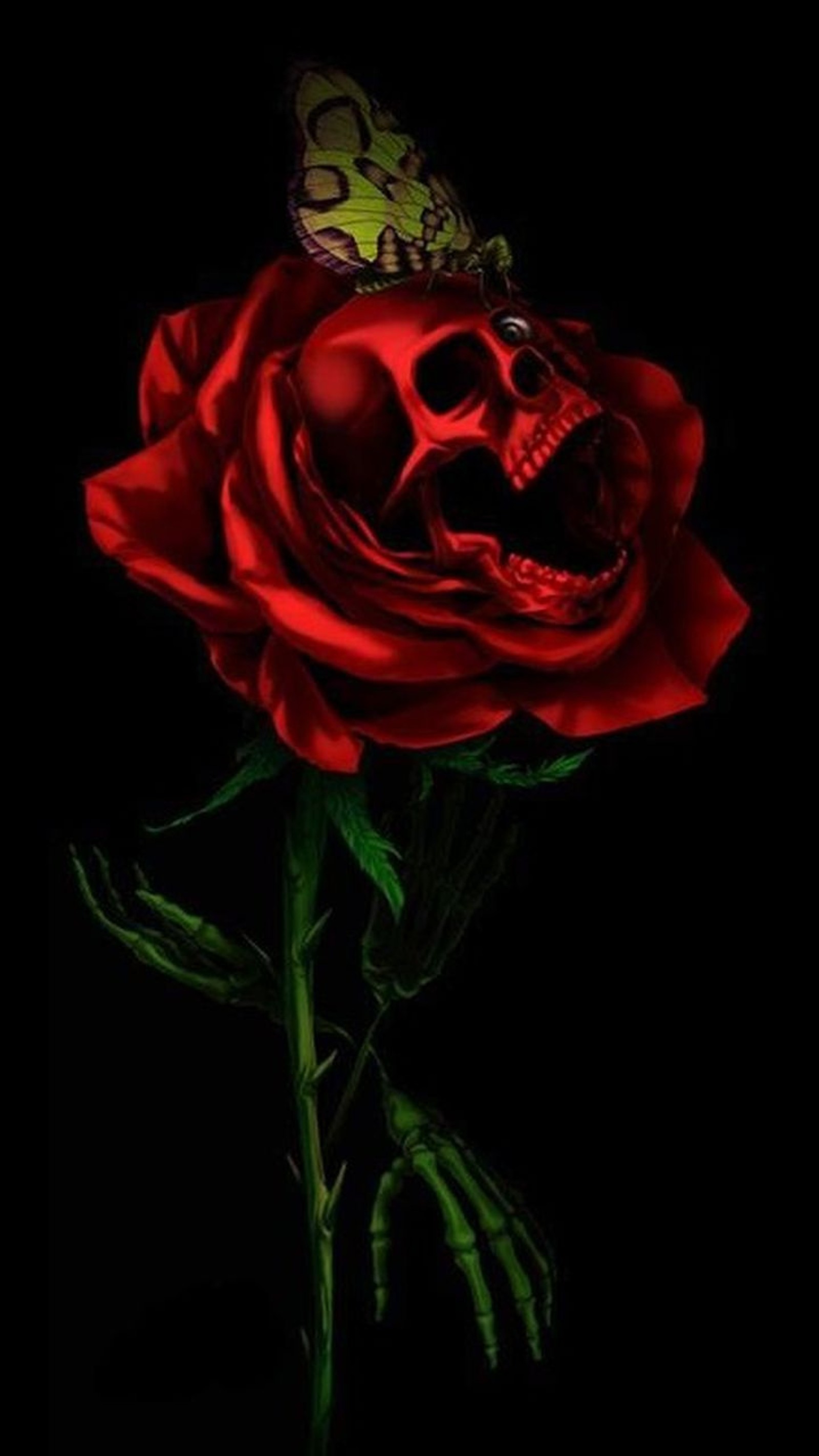 A close up of a red rose with a butterfly on it (love hate, rose, sad, skull)