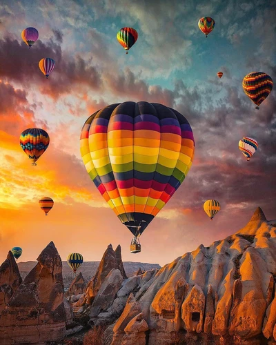 Globos de aire caliente coloridos sobre un paisaje impresionante al atardecer