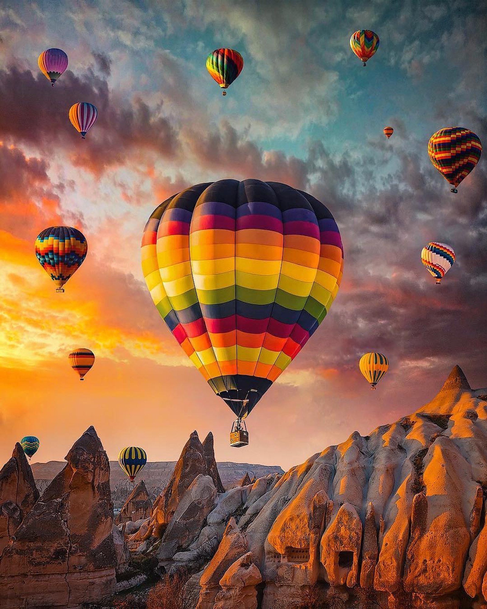 Un groupe de montgolfières volant au-dessus d'un paysage rocheux (ballons, couleurs)