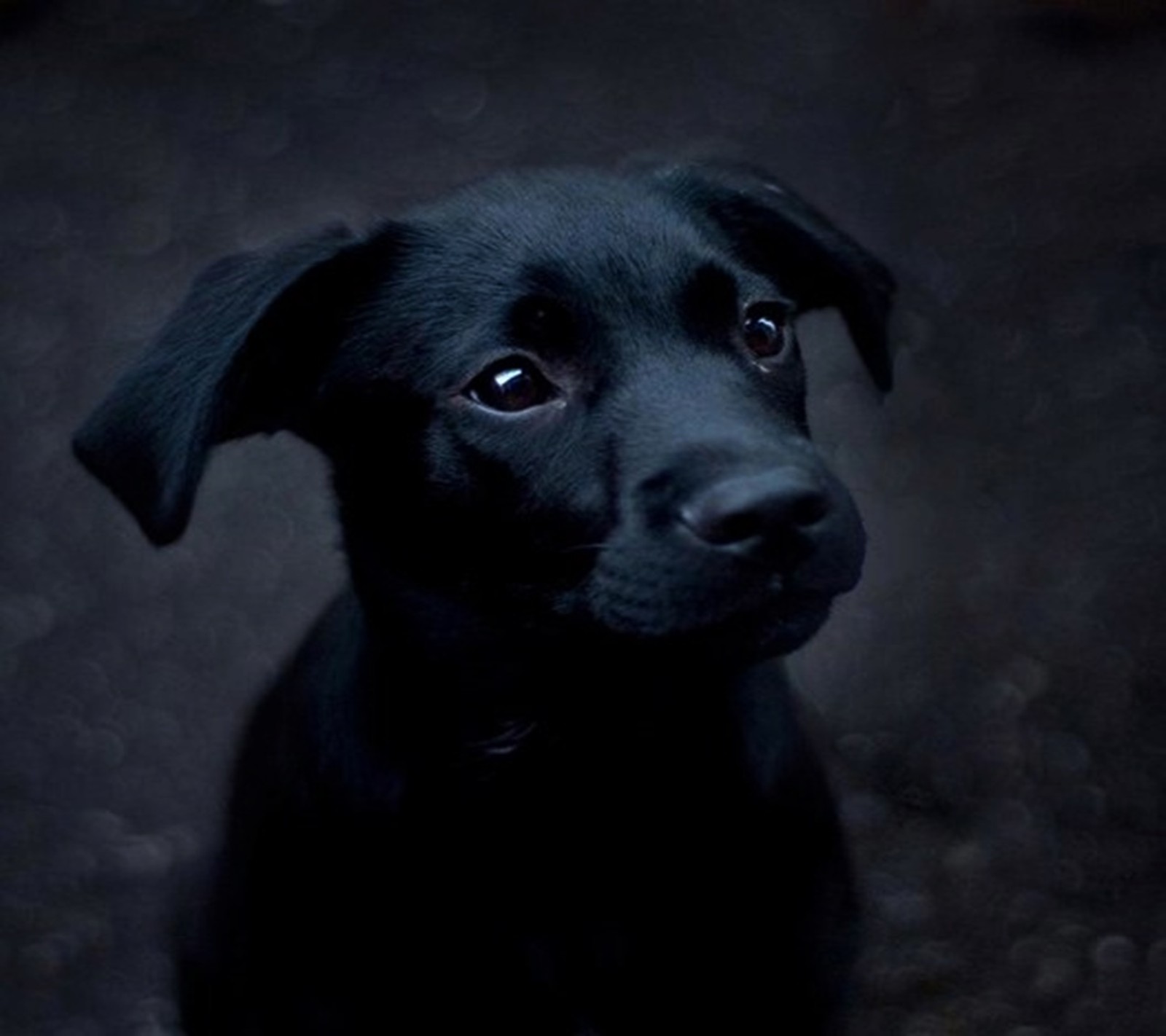 Há um cachorro preto sentado no escuro (preto, cachorro)