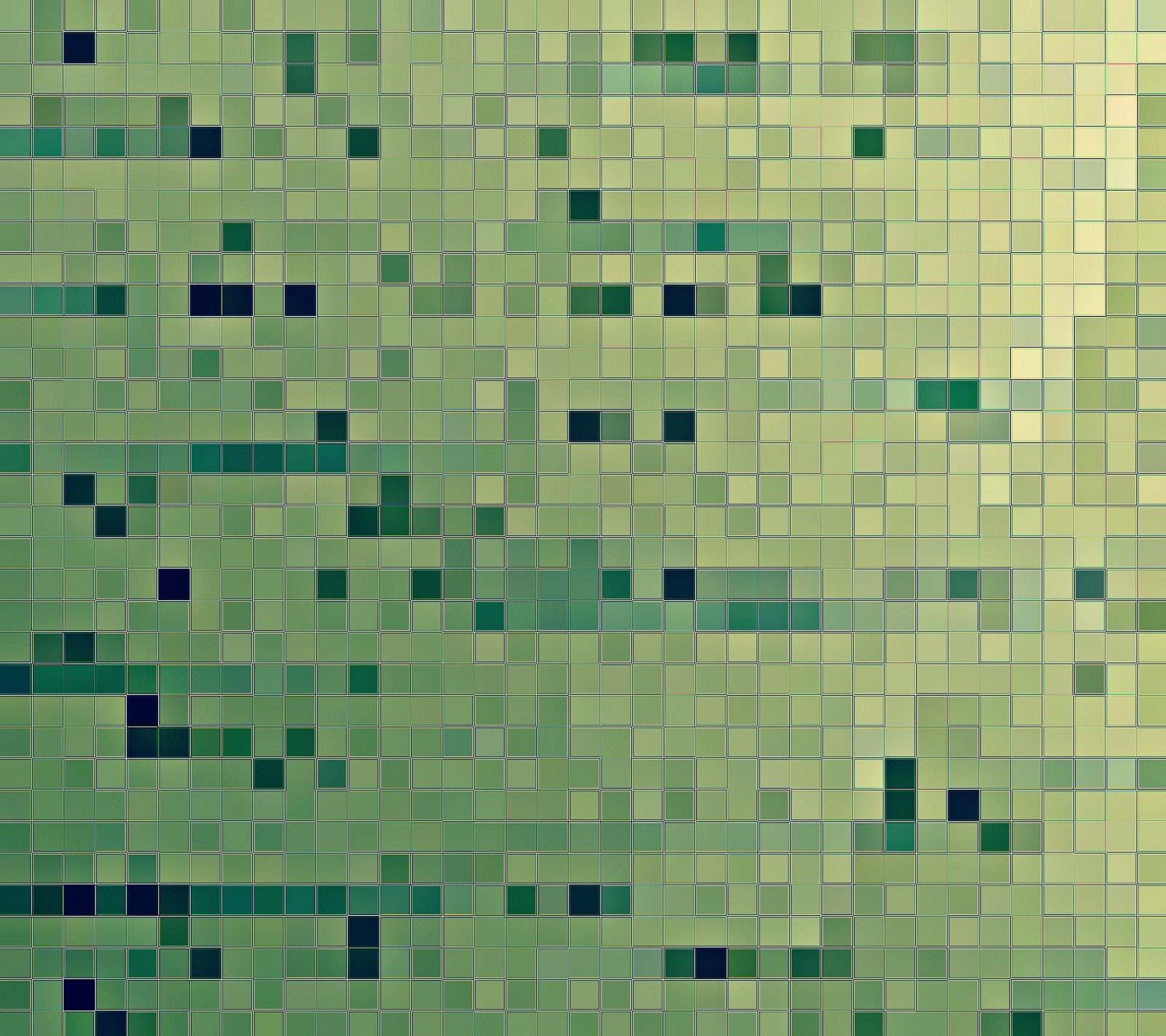 A close up of a green tiled wall with a black and white clock (green, mosaic, mosaico, square, verde)