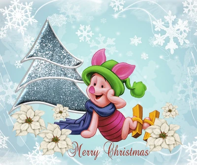 Piglet Celebrates a Merry Christmas Amidst Snowflakes