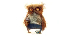 Humorous Owl with Coffee and Alarm Clock