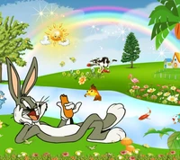 Bugs Bunny, der sich in einer bunten Cartoon-Wiese entspannt