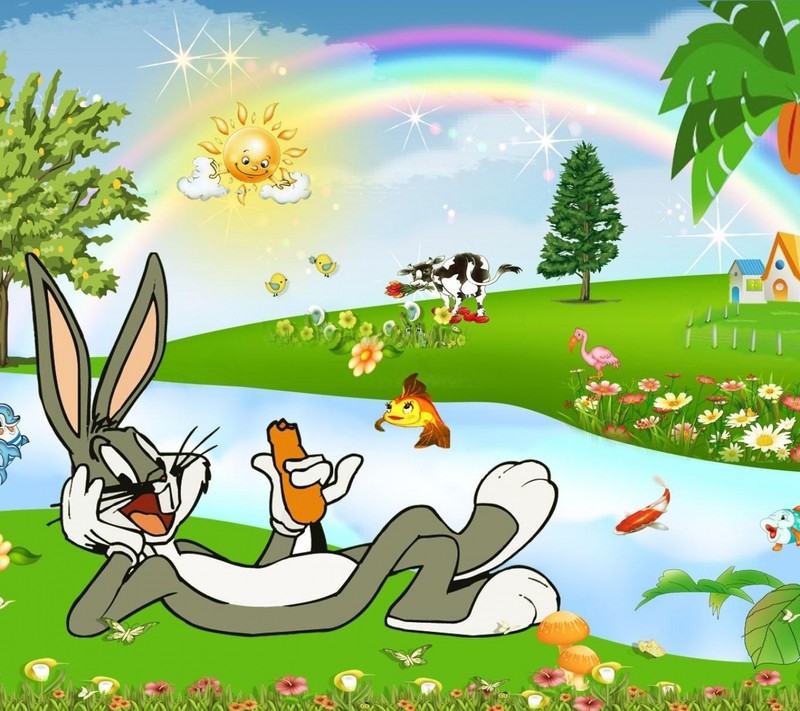 Мультяшные жуки в саду с радугой на заднем плане (багз банни, bugs bunny, мультфильмы)