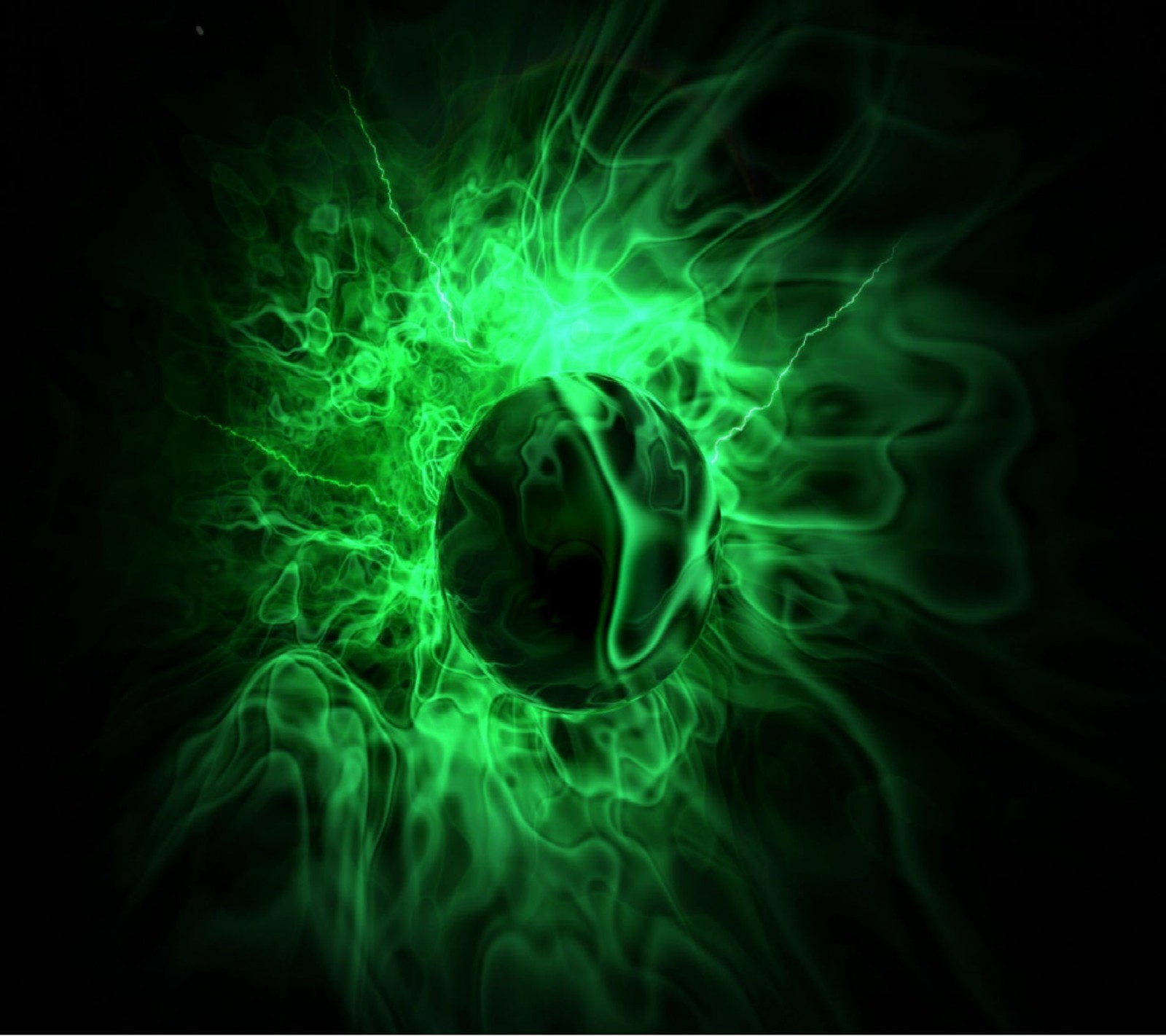 A close up of a green ball with a black background (abstract, fire, green, sci fi)