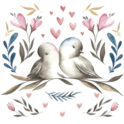 oiseaux, couple, mignon, cœurs, amour