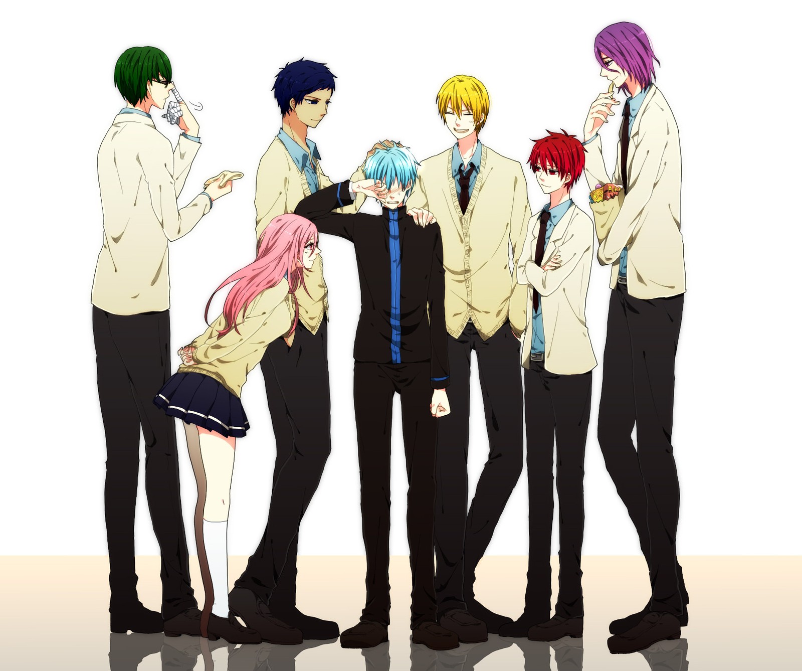 Anime characters standing in a line with one holding a cell phone (anime, basketball, kuroko no basket)