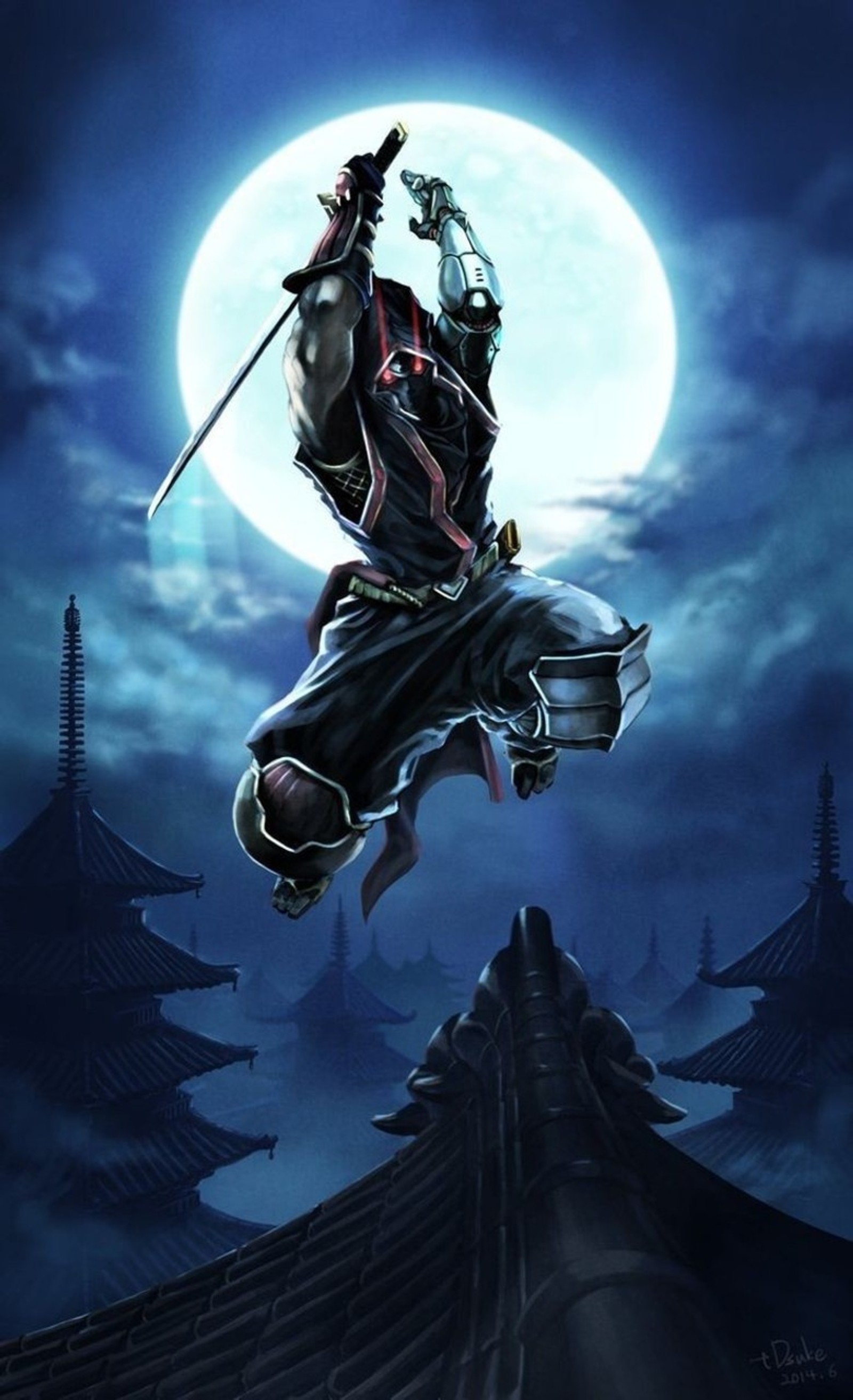 A close up of a person jumping in the air with a sword (ninja, slayer, night, sword, katana)