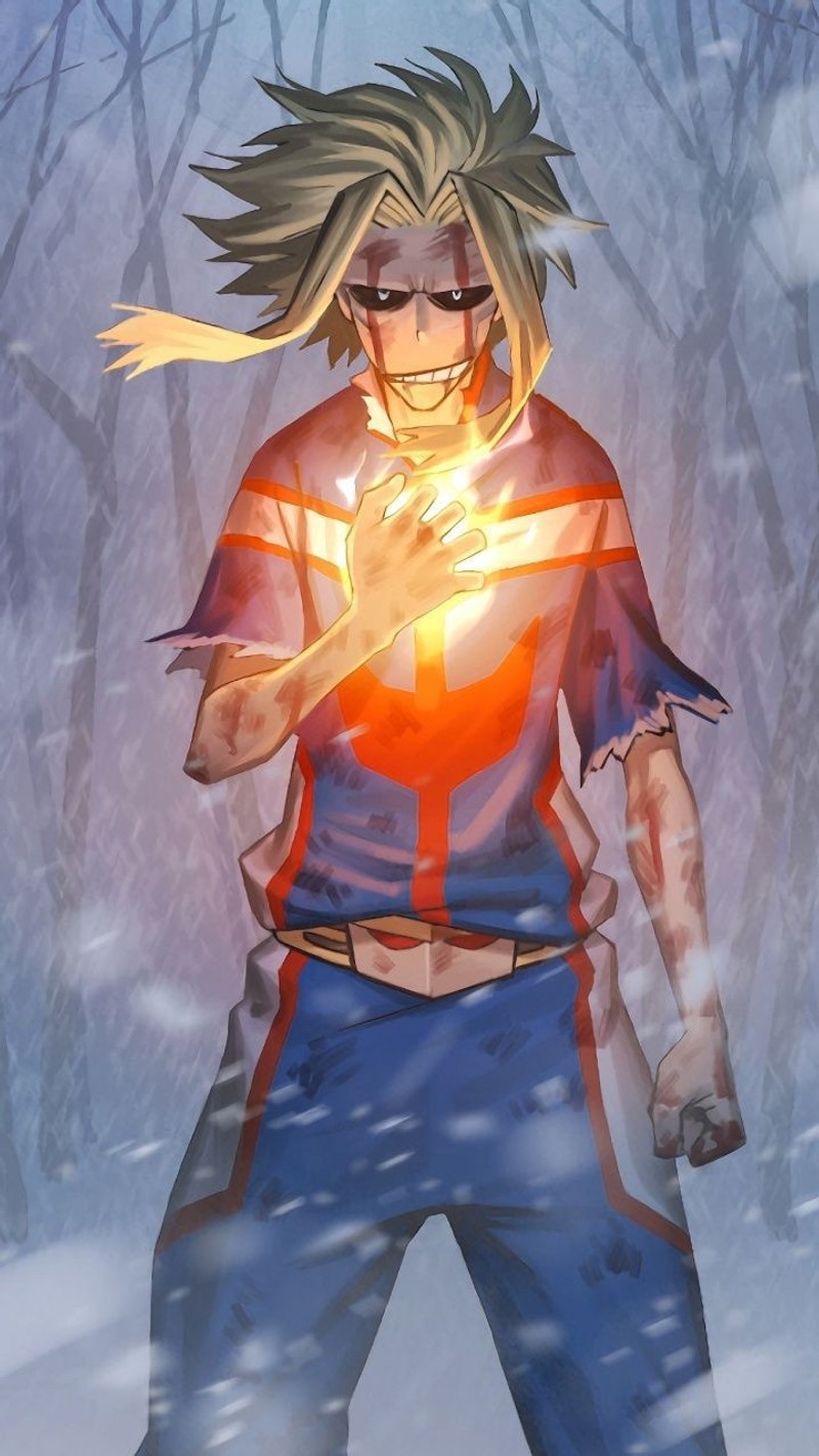 Nahaufnahme einer person, die eine leuchtende kugel im schnee hält (all might, allmight, my hero academia)