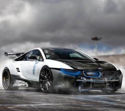 BMW i8 dans un burn-out dramatique, mettant en avant un design agressif et une posture puissante.