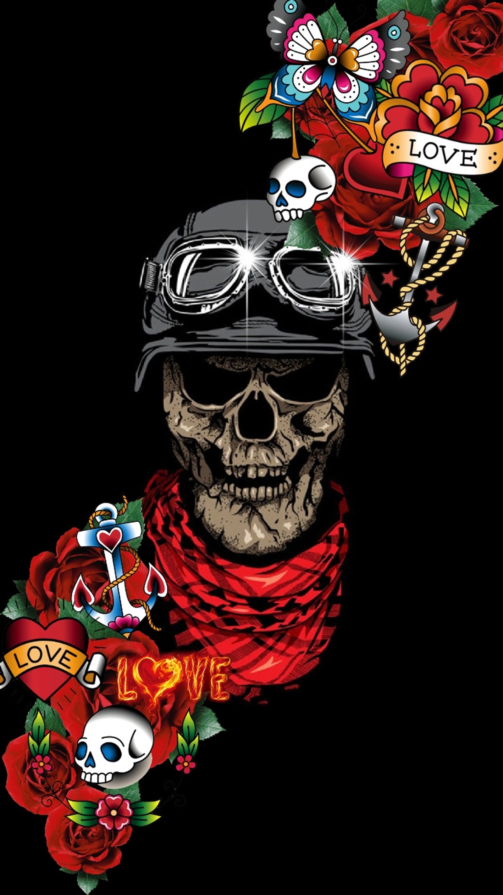 Skull wearing a hat with a scarf and a scarf around it (anchor, butterfly, dkull, motorcycle, rebel)