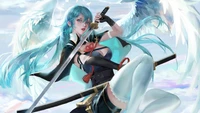 Guerreiro anjo de fantasia com katana em estilo anime