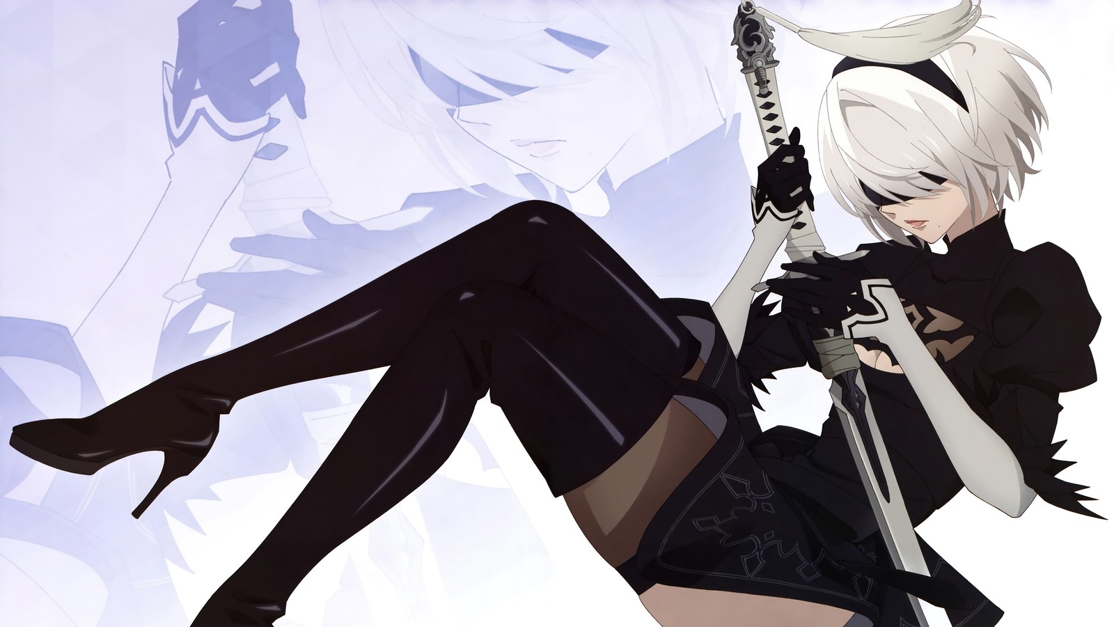 Chica anime con espada y atuendo negro sentada en una roca (yorha 2b, yorha tipo a no2, yorha type a no2, nier automata ver11a, nierautomata ver11a)