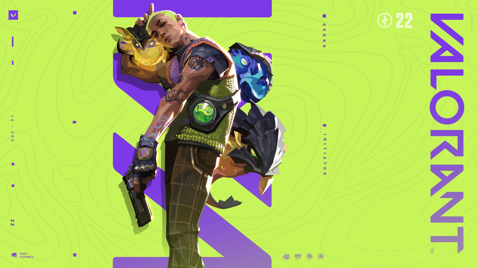 A man with a backpack and a gun in his hand (valorant, gekko, lime green, games, 4k wallpaper)