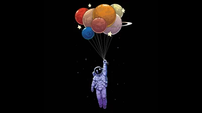 An astronaut floating in space, holding onto a bunch of colorful balloons resembling planets and celestial bodies.