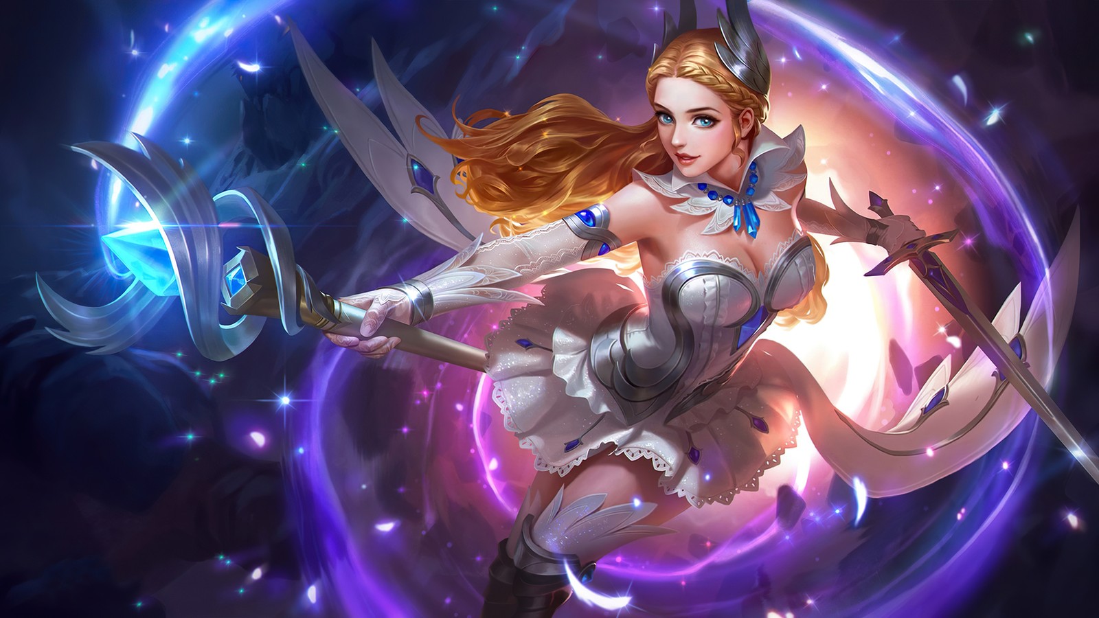 Une femme en robe blanche tient une épée et une épée (odette, mobile legends, bang bang, ml, mlbb)