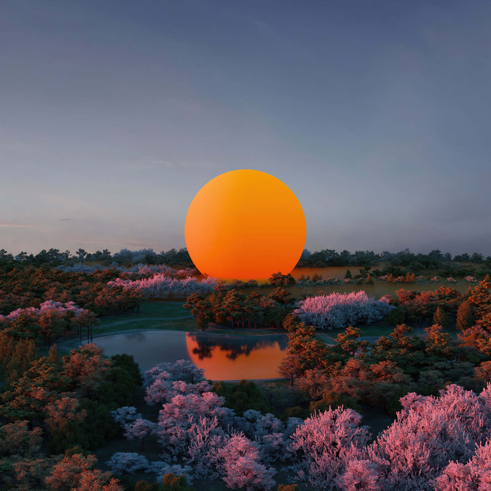 Una vista árabe de una puesta de sol sobre un estanque y árboles (windows 11, windows 365, sol, paisaje, surrealista)