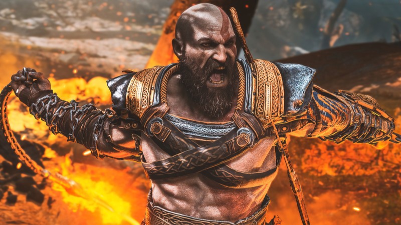 Мужчина в доспехах держит меч перед огнем (kratos, god of war, видеоигра)