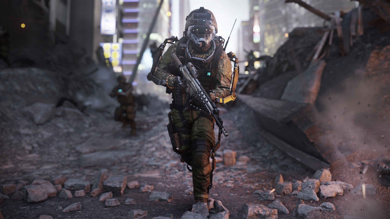 A man in a gas mask and a gas mask walking through a destroyed city (call of duty advanced warfare, activision, sledgehammer games, soldier, army)