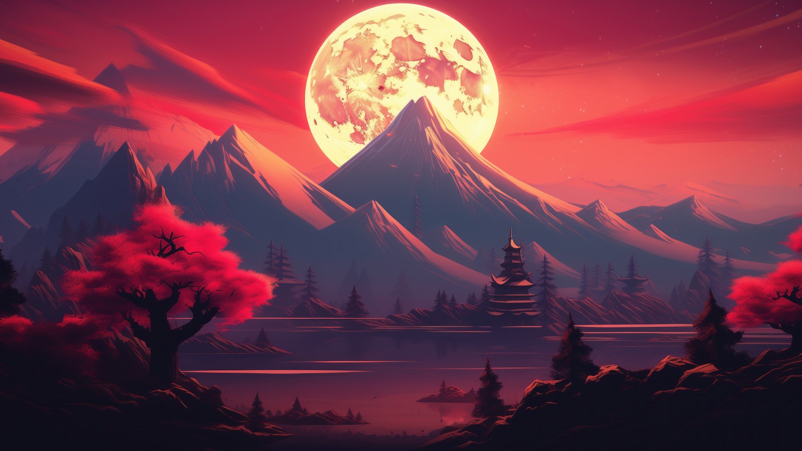 blood, moon, mountain, scenery wallpaper