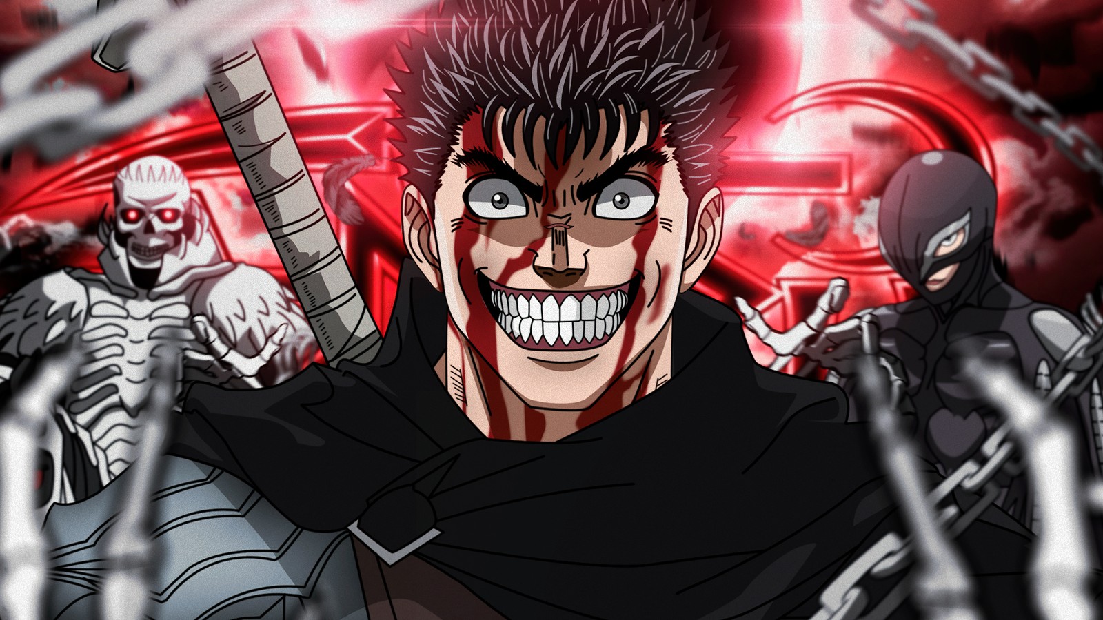 Uma imagem de cartoon de um homem com o rosto ensanguentado e um monte de esqueletos (guts, arte de fãs, berserk, 5k, anime)