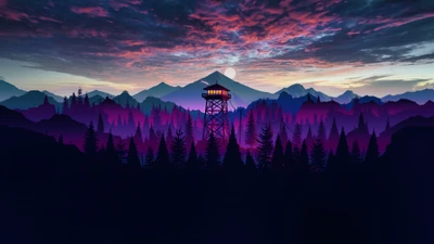 Mystischer Wald-Wachturm bei Dämmerung