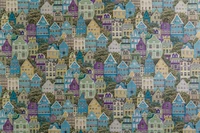 Colorful Ornate Textile Design Featuring a Pattern of Charming Houses