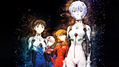 Art des personnages de Neon Genesis Evangelion : Shinji, Kaworu, Asuka et Rei contre un fond cosmique