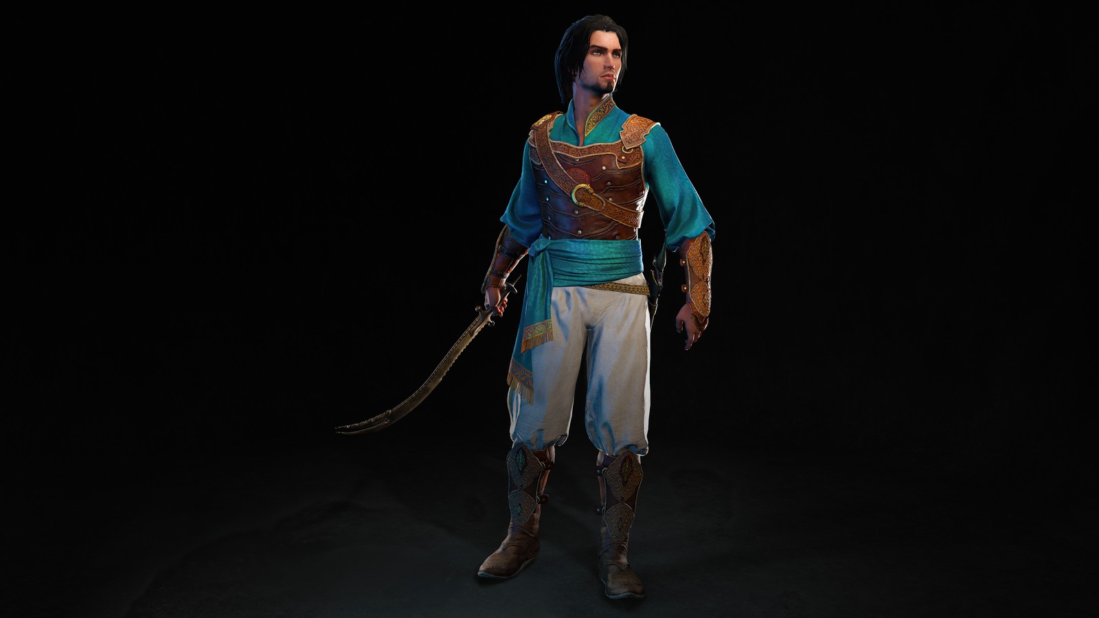 Hombre árabe en una camisa azul y pantalones blancos sosteniendo una espada (prince of persia the sands of time remake, videojuego, personaje)