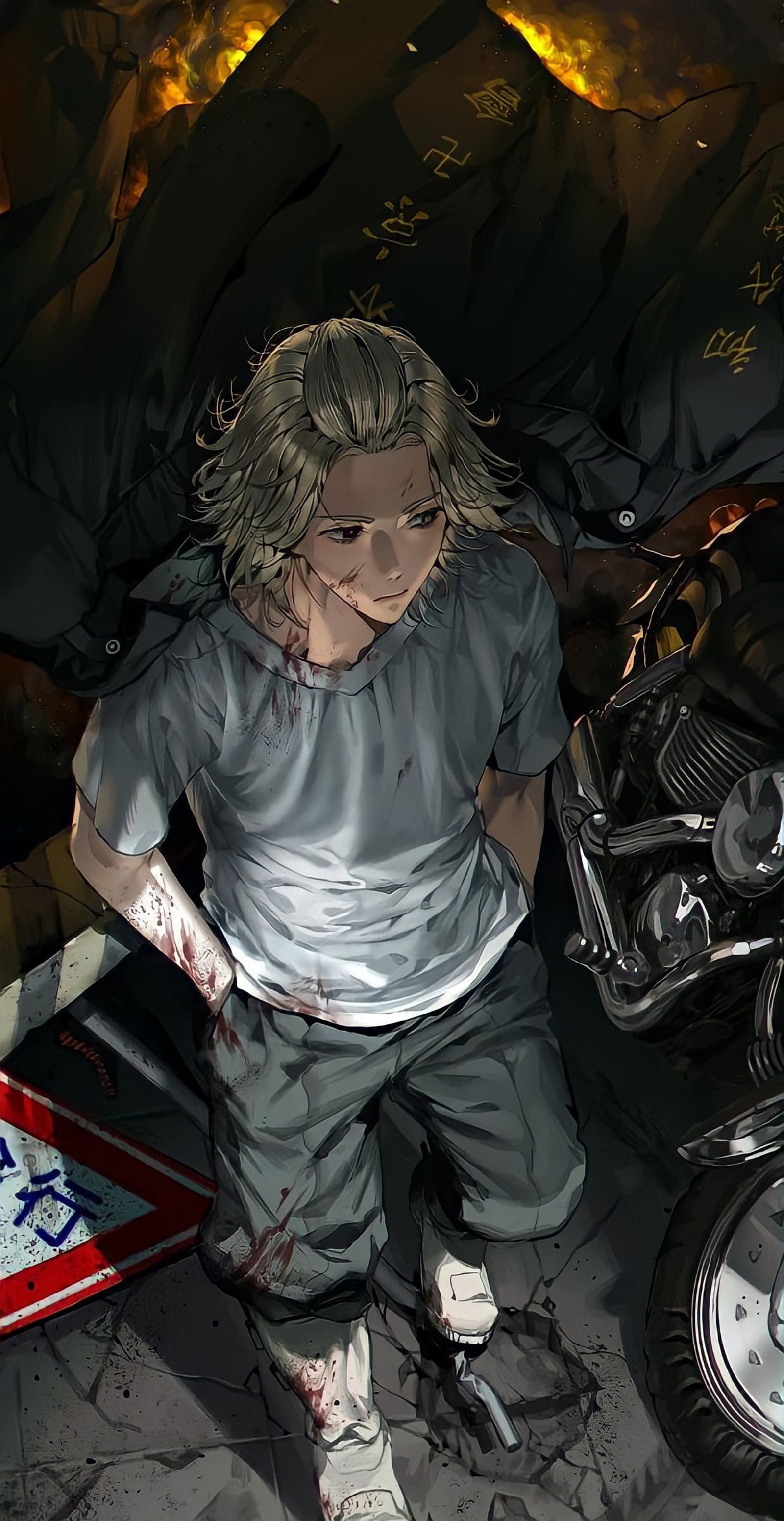 Anime character with a bloody face standing next to a motorcycle (sleeve, anime, cool, automotive tire, t shirt)