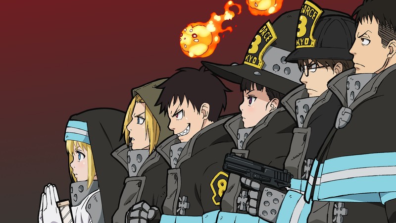 Аниме-персонажи в униформе стоят в ряд с огнем, выходящим из их ртов (fire force, аниме, anime, огненная бригада, enen no shouboutai)