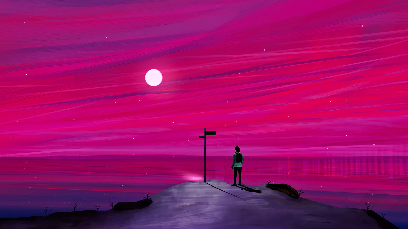 Illustration of a man standing on a hill looking at a bright moon (light, pink, artist, violet, red)