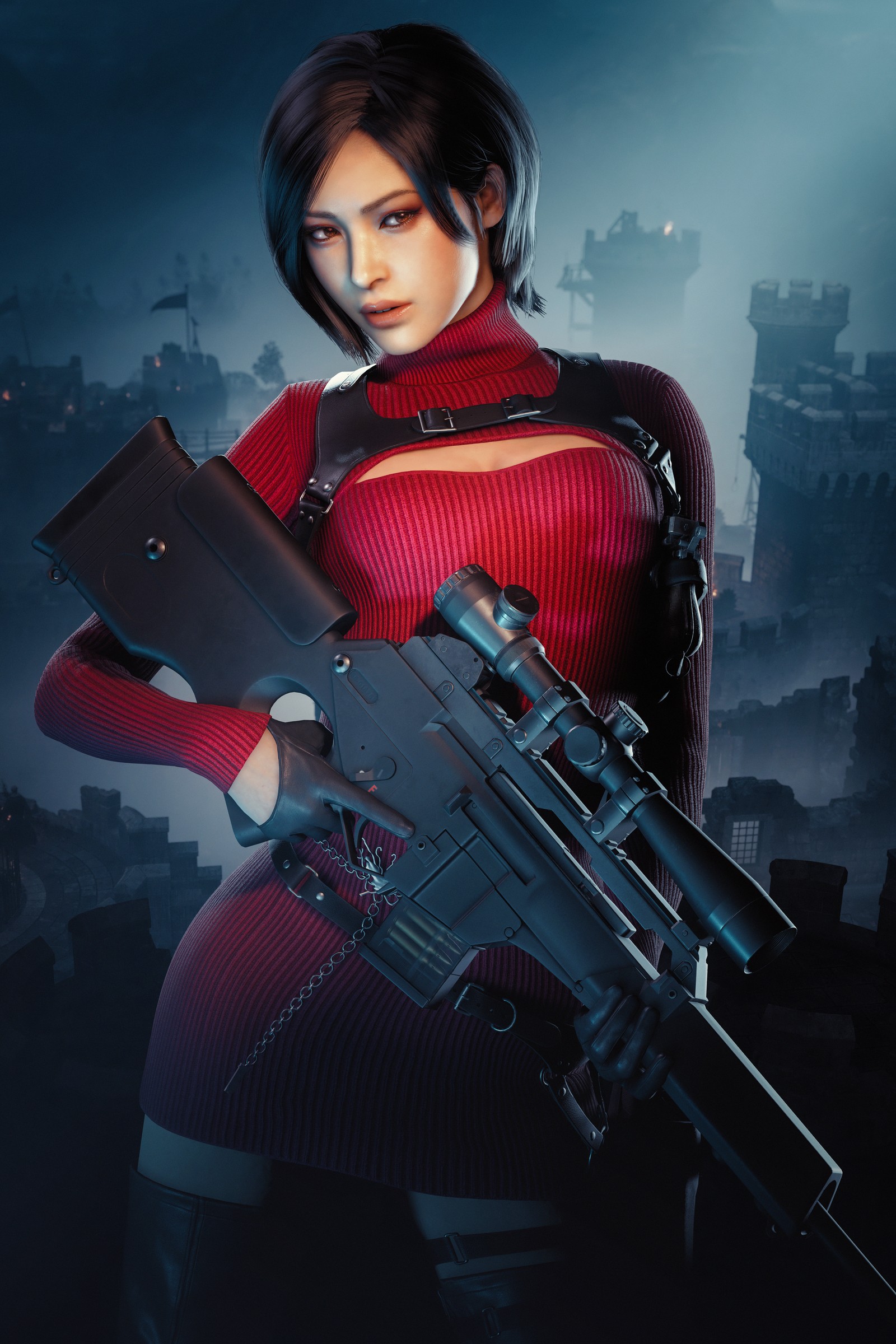 Uma mulher árabe em um vestido vermelho segurando uma arma na cidade (ada wong, resident evil 4, rifle de precisão, jogos, papel de parede 4k)