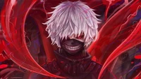 Ken Kaneki from Tokyo Ghoul, featuring a haunting expression amidst swirling red hues, capturing his dual nature as both human and ghoul.